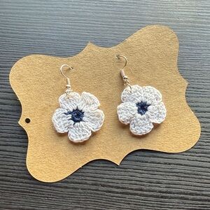 Handmade Elegant White and Navy Blue Flower Earrings